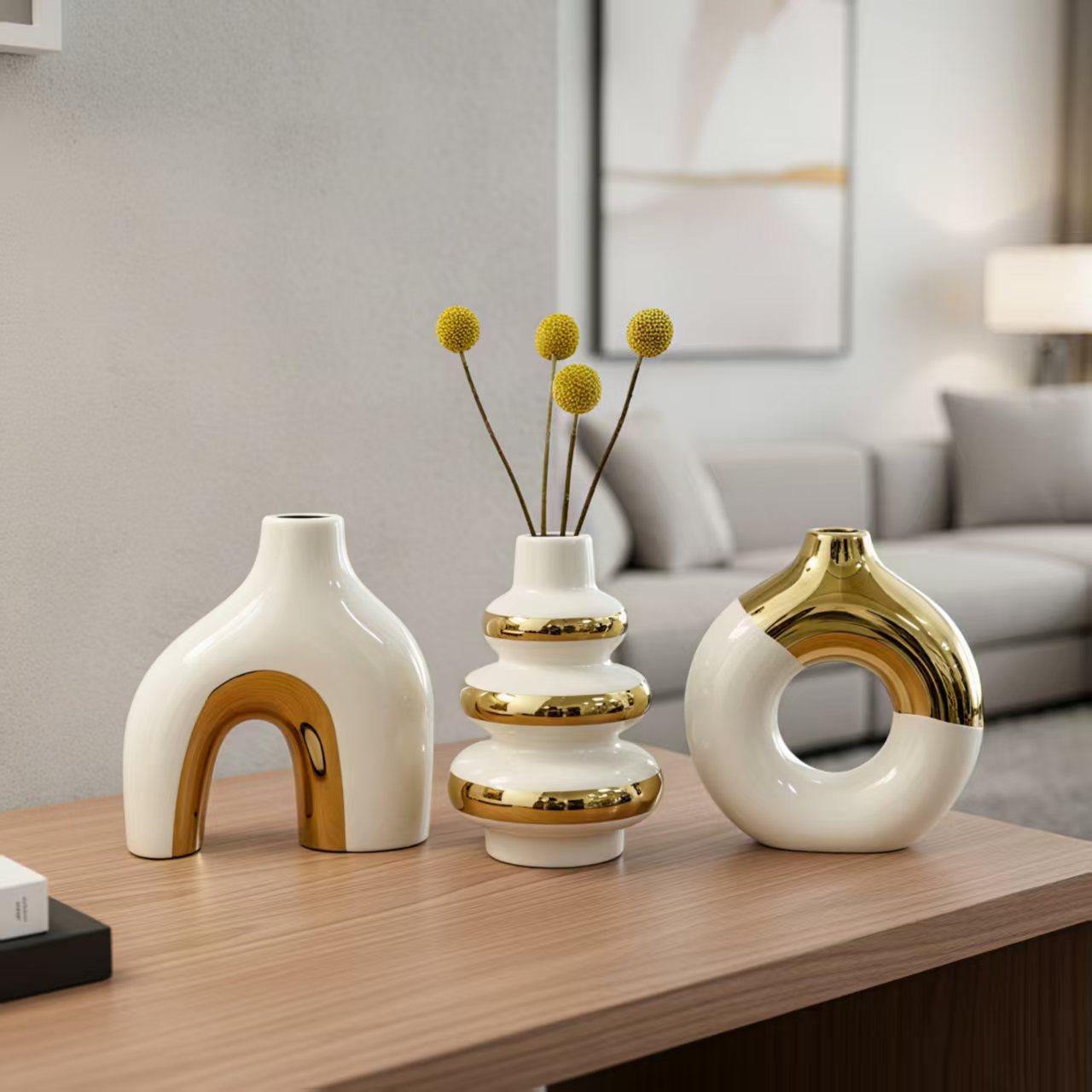 3pcs Nordic Creative Luxury Modern Simple Electroplated Ceramic Flower Vase, Home Decor Ornament Gift For Water Cultivation