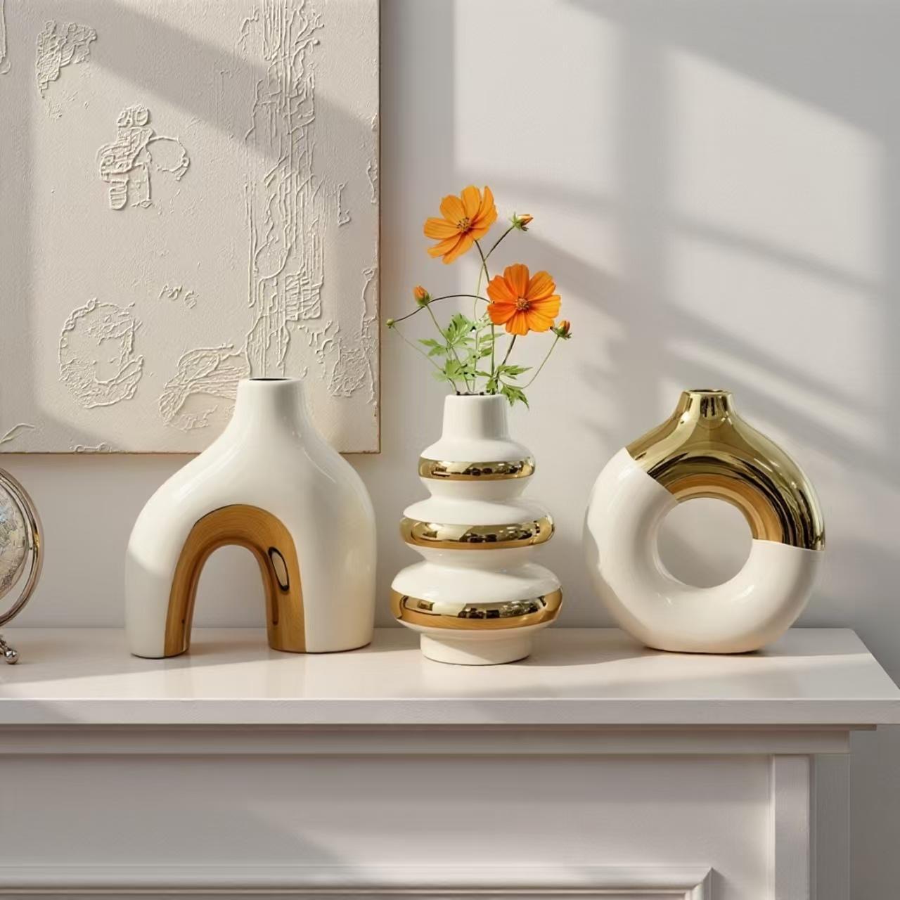 3pcs Nordic Creative Luxury Modern Simple Electroplated Ceramic Flower Vase, Home Decor Ornament Gift For Water Cultivation